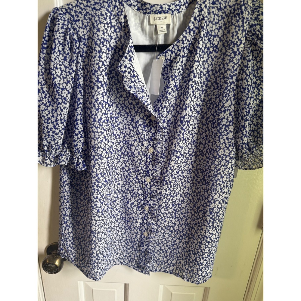 J.Crew Womens Blue White Floral Puff Sleeve Button Down Blouse  Size M NEW - Picture 2 of 4
